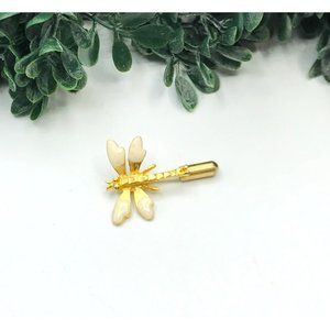 Brooch pin gold tone dragon fly off white enamel wings 1.25" length